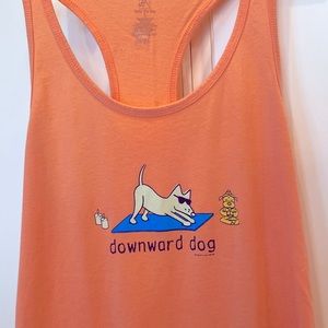 Teddy The Dog. Doing Downward Dog. Racer back T. Label Size L but it runs small.